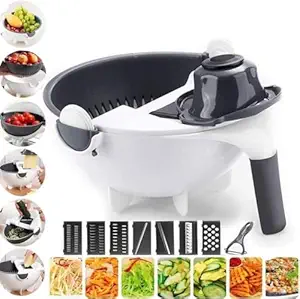 9 in 1 Multifunction Rotate Vegetable Cutter with Drain Basket Large Capacity Vegetables Chopper Veggie Shredder Grater Portable Slicer Kitchen Tool