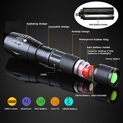 LED Flashlight - Wsiiroon 1600 Lumen XML-T6 Handhold Flashlight-Portable, Zoomable, Waterproof, Super Brightness with 5 Light Modes for Indoor and Outdoor Use, 2 pack (Batteries Not Included) - Thumbnail 4