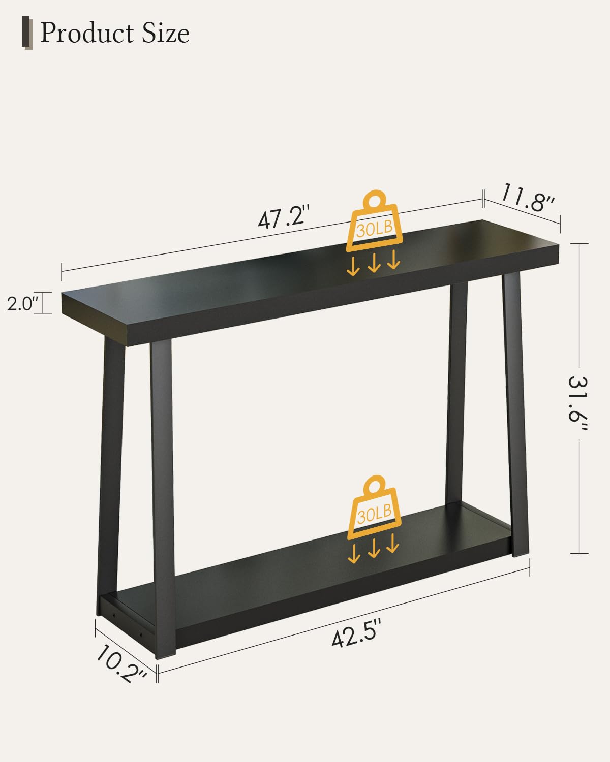 Mesa Consola, Mesa Auxiliar de Pasillo de Dos estantes y 120 cm de Largo con Espacio de Almacenamiento, para el Pasillo, la Entrada, el salón o el Dormitorio, Color Negro