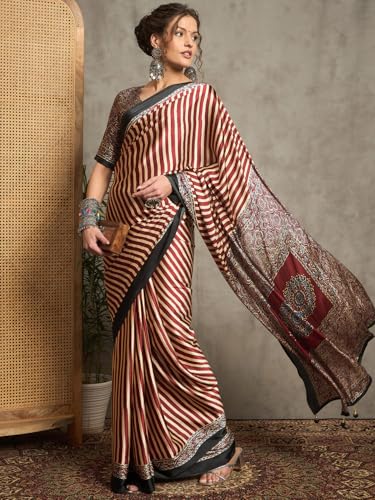 Image of AKHILAM Women's Pure Crepe Striped Printed Saree With Unstitched Blouse Piece