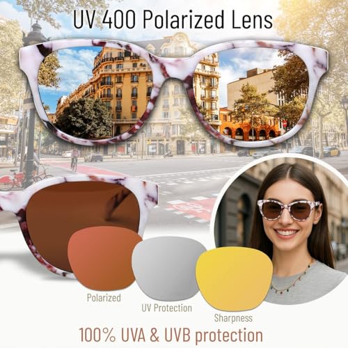 Polarized Sunglasses for Women, White Marble Print Frame and Brown Lenses, UV400 Protection, Trendy Vintage Design for Travel3