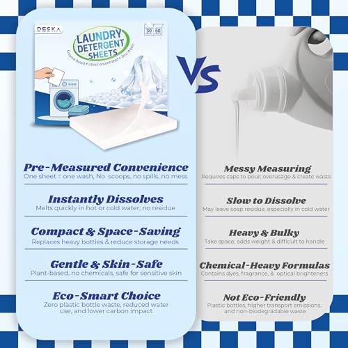 Image of DESKA Eco-friendly Laundry Detergent Sheets - 30 Sheets | For Top Load & Front Load |Tough Stain Removal with Bio Enzymes Infused |Fast Dissolving, No Residue| Plant-based, Chemical Free (30)