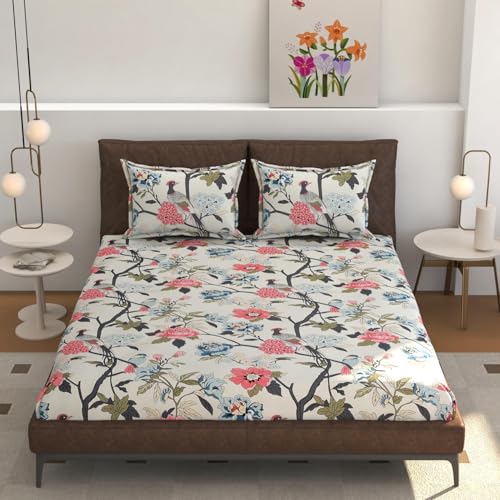 Image of Blue Strip Polycotton Fitted Bedsheet, King 72x78 (Cream Bird) | 300 TC | All-Round Elastic Grip | Soft, Breathable & Colourfast | Wrinkle Resistant | Machine Washable