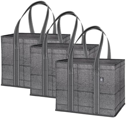 VENO 3 Pack Reusable Grocery Bags, Shopping Bags for groceries, Utility Tote with Handles and Hard Bottom, Foldable Shopping Cart Organizer, Multi-Purpose, Heavy-Duty (Black, 6 Gallon-3 Pack)