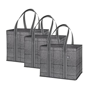 VENO 3 Pack Reusable Grocery Bags, Shopping Bags for groceries, Utility Tote with Handles and Hard Bottom, Foldable Shopping Cart Organizer, Multi-Purpose, Heavy-Duty (Windowpane, 6 Gallon-3 Pack)