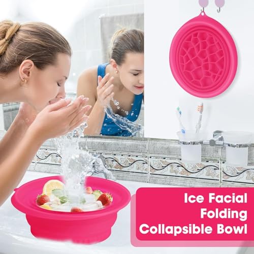 Image of (1 pic Hook) with Silicone Face Bowl for Ice with Built-in Icetray, Collapsible Face Tub for Ice Bath, Facial Ice Plunge Bowl, Ice Water Facials at Home (Rose Hook)