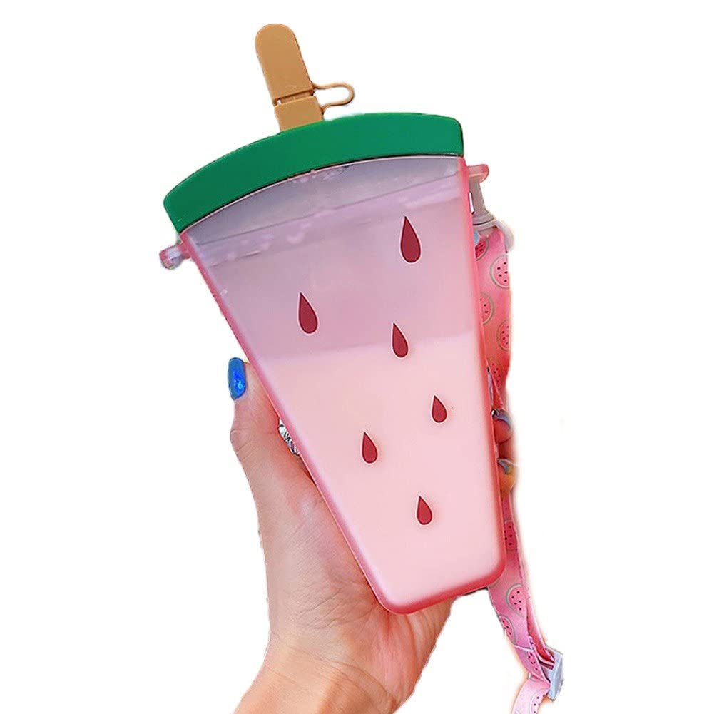 Cute Watermelon Water Bottle Plastic Water Bottles with Straw Portable Adjustable Bottle Leak Proof Bottle