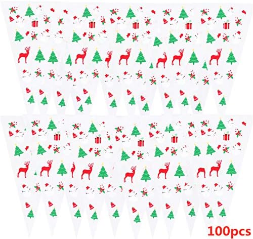 HONGCI 100Pcs Christmas Patterned Cone Cellophane Bags with 100Pcs Twist Ties,Cellophane Cone Plastic Cone Bags,Treat Candy Bags for Christmas Party Festival Favor