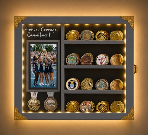 Image of Challenge Coin Display Case, Lighted Modern Coin Holder with Photo Frame, Wall Mount Shadow Box with Removable Shelves, Minimalist Home Office Decor, Memorial Gift for Men, Collectors, Gray
