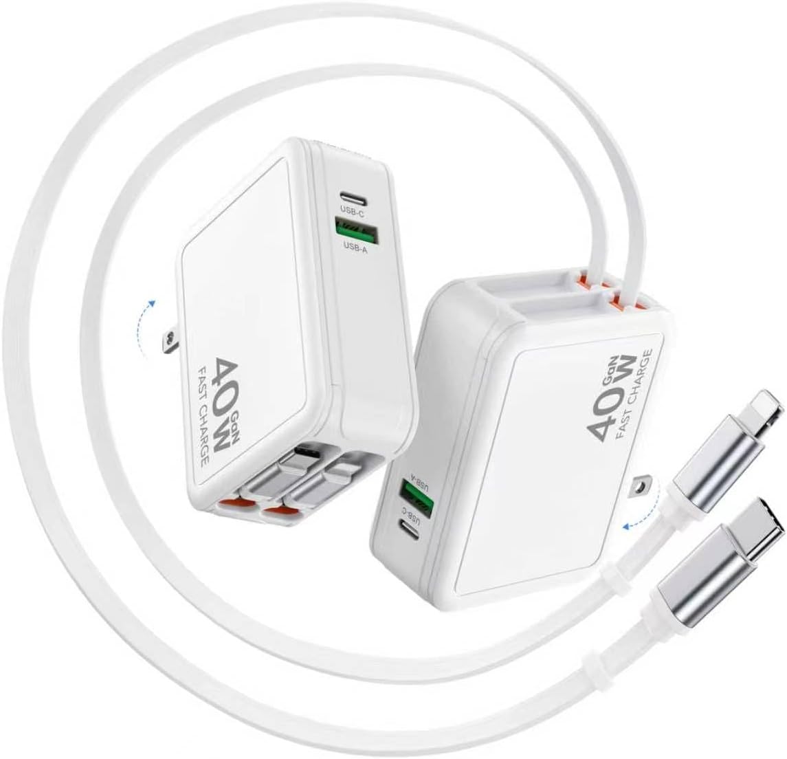 2026 Updated 40W Retractable Charger,2 Pack Retractable Phone Charger Wall Plug with 2.6FTLightning+ Type C Cables,4 in 1 Travel Essentials Fast Charging Block for iPhone 17/16/15, Galaxy,LG,Moto