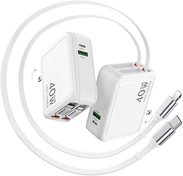 2026 Updated 40W Retractable Charger,2 Pack Retractable Phone Charger Wall Plug with 2.6FTLightning+ Type C Cables,4 in 1 Travel Essentials Fast Charging Block for iPhone 17/16/15, Galaxy,LG,Moto