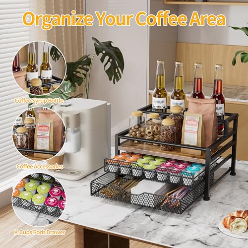 Image of 4 Tier Coffee Syrup Rack Organizer, Coffee Bar Organizer for Countertop, Coffee Station Organizer with 2 Sliding Drawers for Pods, K Cup Holder, Stirrer and Condiment, Brown
