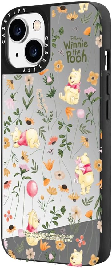 CASETiFY Mirror iPhone 14 Case [Winnie The Pooh Co-Lab / 4.9ft Drop Protection/Magsafe] - Vintage Floral Case - Silver on Black