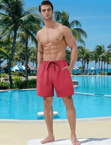 Buauty Mens Swim Trunks with Compression Liner 5 Inch Inseam Quick Dry Swim Shorts Mens Swimsuit Board Shorts with Pockets Red2