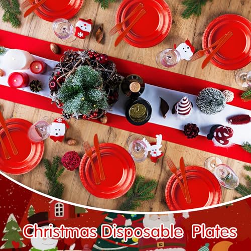 Red Plastic Plates,Christmas Disposable Plates Set,Disposable Plastic Dinnerware for Christmas Wedding Birthday,Serve 25 Guests – Image 7