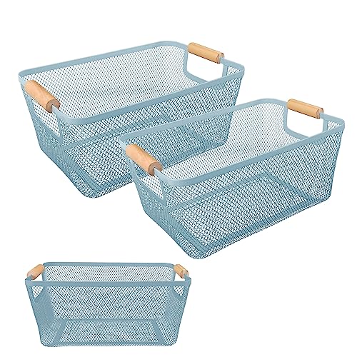 Image of 2Pack Metal Mesh Steel Basket with Bamboo Handle - Wire Metal Basket for Kitchen Organization, 12" Wide Food Organizer Bin, Perfect for Organizing Bulk Pantry (BLUE)