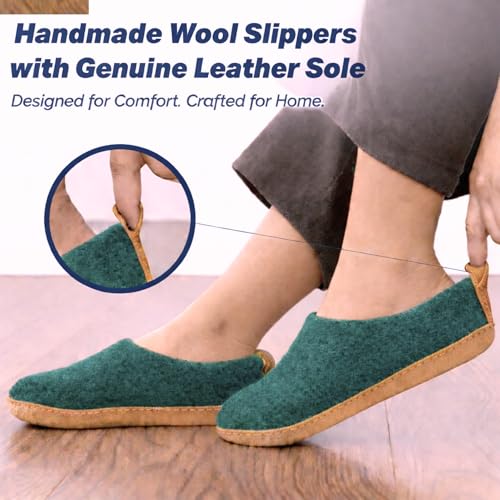 Image of Wool Indoor Slippers - Natural Organic Wool, Genuine Leather Sole, Handmade in Nepal - Cozy, Warm, Soft, Unisex Non-Slip House Shoes for Men & Women - Perfect for Winter Comfort