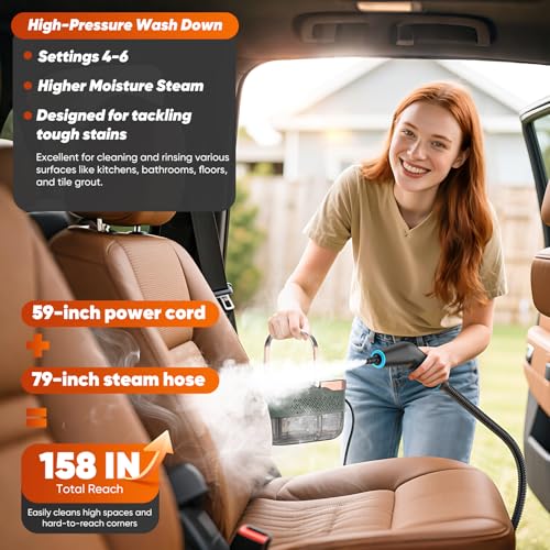 Image of Steam Cleaner, 2500W Home Handheld Grout Steam Cleaning Machine with 1.32QT Transparent Tank & 10 Attachments for Range Hood, Stove, Tile, Upholstery, Car Detailing & More (Green /Gold)