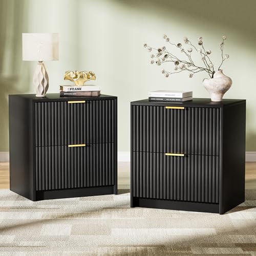 Image of Furniway Nightstands Set of 2, Fluted Nightstand with Gold Metal Handles and 2 Drawers, Modern Bedside Table, 19.6 inch Wide Wood End Table for Bedroom, Black