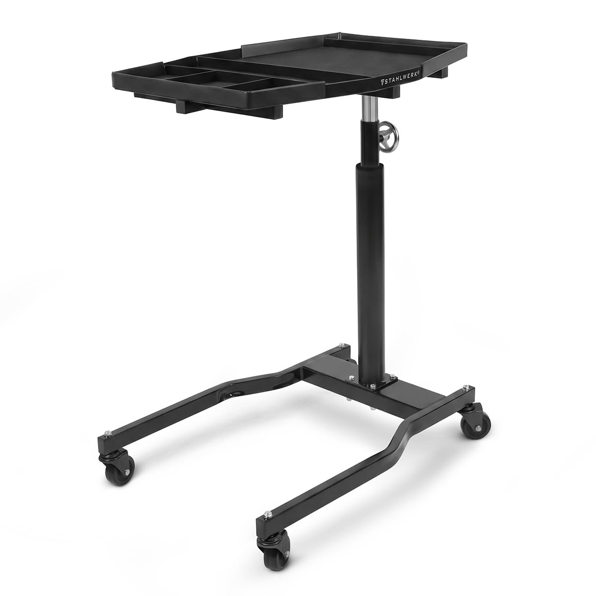 STAHLWERK Mesa de trabajo regulable en altura de 90 a 140 cm, capacidad de carga de 75 kg | Banco de trabajo móvil con 4 ruedas giratorias para garaje, taller y bricolaje