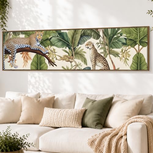Image of Tropical Leopard Jungle Exotic Wildlife Canvas Framed Wall Art Painting For Living Room, Green Botanical Jungle Painting With Frame Tropical Leopard Wall Art For Home & Office, 13x47 Inch