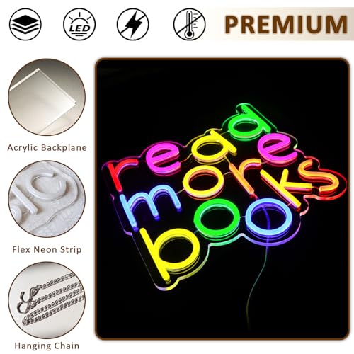 Image of Read More Books Neon Sign for Wall Decor, Reading Led Signs for Library, USB Dimmable Neon Lights for Classroom Reading Corner Bedroom Study Room Home Book Club Motivational Wall Art