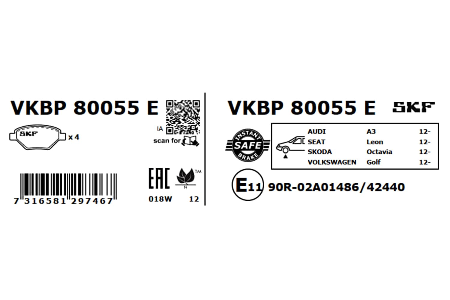 SKF Fren Balatası Ön Volkswagen Golf Sportsvan 1.0 Tsi 15, 1.2-1.4 Tsi 14, 1.5 Tsi 17, 1.6 14, 1.6-2.0 TDI 14, Golf Alltrack 1.6-2.0 TDI 4Motion 14 Vkbp 80055E - Vkbp 80055 E