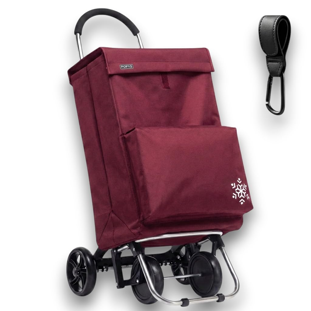 Carro de la Compra 50L con Compartimento Refrigerante y Gancho, 4+2 Ruedas Ideal Supermercado Granate