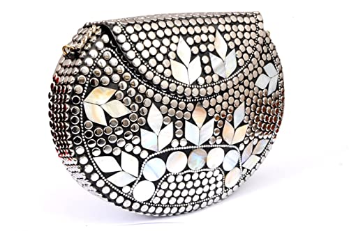 Image of Shakuntala Vintage Clutch - Metal Mosaic Stone & Shell Design Purse - Handmade Women's Handbag