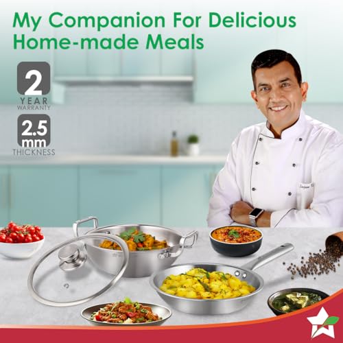 Image of Wonderchef Stella Triply Stainless Steel Cookware Set | 3 Pcs. | Fry Pan 22 cm, Kadhai 22 cm + Lid | for Gas Stove, Induction, Ceramic Cooktop | Uniform Heating | Heavy-Duty Handle | 10-Year Warranty