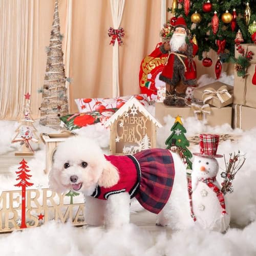 BINGPET Dog & Cat Sweater Dress Plaid, Christmas Turtleneck Clothes with Leash Hole V-Neck Knitwear Pet Sweater One-Piece Dress for Small & Medium Dogs & Cats