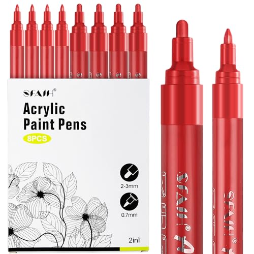 Image of SFAIH Acrylic Red Paint Pens - 8 Pack 2-3MM Medium Tip & 0.7MM Extra Fine White Paint Marker for Rock Painting, Wood, Metal, Fabric, Canvas, Glass, Ceramic, Diy Crafts