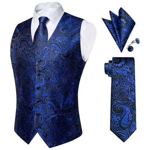 Image of DiBanGu Mens Paisley Vest Silk Sleeveless Suit Vest and Neck Tie Pocket Square Cufflinks Set for Wedding Formal