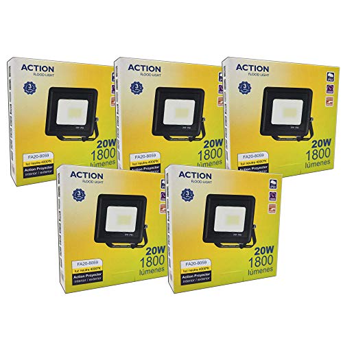 FactorLED ¡OFERTA! Pack x5 Foco LED 20W Negro Slim, Iluminación Exterior e Interior, Proyector Ultrafino IP65, Floodlight Decoración, [Eficiencia energética A+] (Luz Natural (4000K))