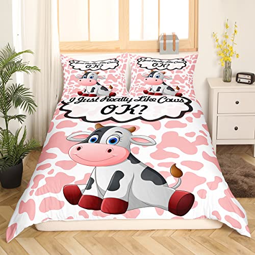 Loussiesd Kids Cute Cow Comforter Cover Milk Cow Bedding Set Girls Pink White Cow Fur Duvet Cover for Children Boys Toddler Cartoon Farmhouse Animal Bedspread Cover Single Size - Image 3