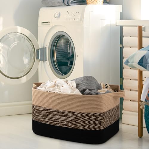 OIAHOMY Extra Large Blanket Basket, 95L Cotton Rope Woven Laundry Basket, Toy Bin for Baby Room, Container for Blanket Storage in Living Room, 24''×17''×14'', Brown & Black by OIAHOMY - Image 2
