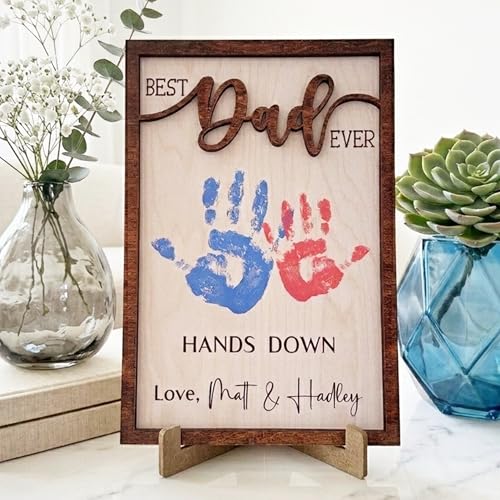 Personalized Best Dad Ever Handprint Wood Sign - Fathers Day Wooden Plaque with Kids Names Custom 2 Layer Wooden Frame Art Gifts for Husband Daddy Papa Birthday Fathers Day Keepsake Decor
