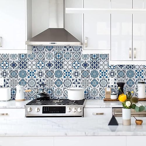 Image of VKR 3D PVC Self-Adhesive Kitchen Wall Sticker | Waterproof & Oil-Proof Peel and Stick Wallpaper | Modern Backsplash Decor for Home, Cafe, Hotel & Living Room Walls (Blue Floral - Pack of 1)