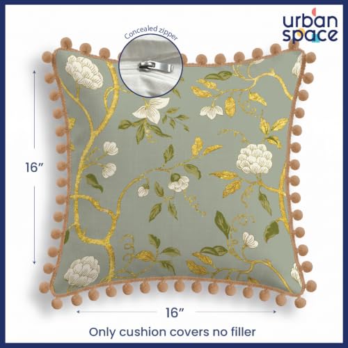 Image of Urban Space Cotton Cushion Cover Set of 5, 16 x 16 Inches, Decorative Throw Pillow Covers with Pom Pom, Printed Sofa Cushion Covers for Living Room, Home Decor (CC5, 40Cm x 40Cm, Set of 5)
