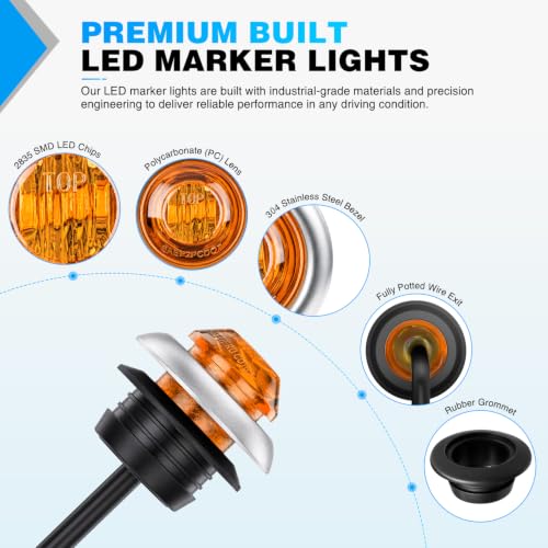 Image of Nilight 3 /4 inch Round Marker Lights 20PCS Amber Side Bullet Clearance Light | 304 Stainless Steel Bezel with IP68 Waterproof Hardwired Bright LEDs and 2 Wire Design for 12V Trailers Trucks Campers Boats