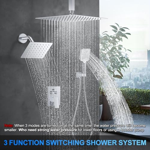 Image of Shower Faucet Set, 12 inch Ceiling Mount Rainfall Shower System with 2 Rain Shower Head and Multi-function Handheld Head Push Button Diverter Shower Faucet Trim Kit (12 inch, Polished Chrome)