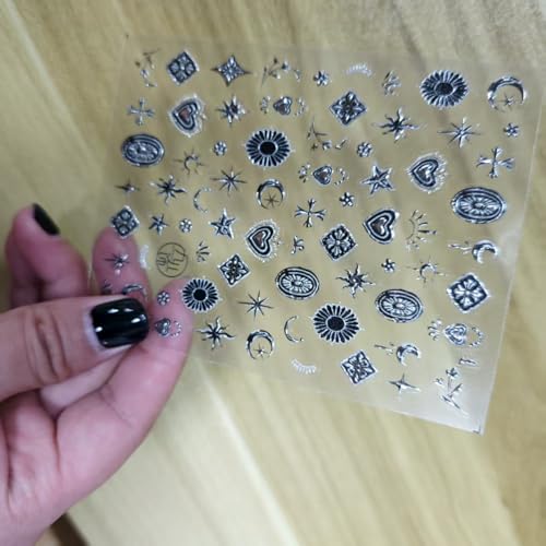 Image of Silver Nail Stickers Star Moon Nail Art Decals with Metal Design Figure Nail Art Stickers 5D Embossed Self Adhesive Nails Charms for Women Girls Kid Manicure DIY Supply Decoration