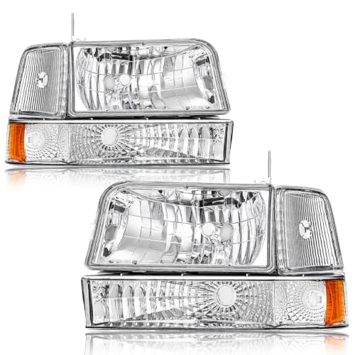 Image of Headlights for 92-96 Ford F150 F250 F350 Bronco 1992 1993 1994 1995 1996 Replacements Assembly Chrome Housing Amber Reflector