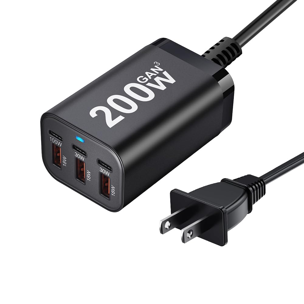 Photo 1 of 200W USB C Charge Block,6 Port PD 100W 65W 45W GaN Charger,Multi Port Fast Charging Station Hub for Multiple Devices,MacBook,iPad,iPhone,HP DELL Laptop,Galaxy Android Cell Phone