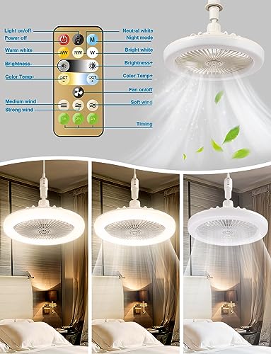 CornerSmith Enclosed Ceiling Fan with Light - Small 10-inch Bladeless Socket Fans with Remote Control, Dimmable LED Lights 3 Gear Wind Speeds for Garage Tool Room/Store Room/Kitchen/Bathroom, FS-01-W