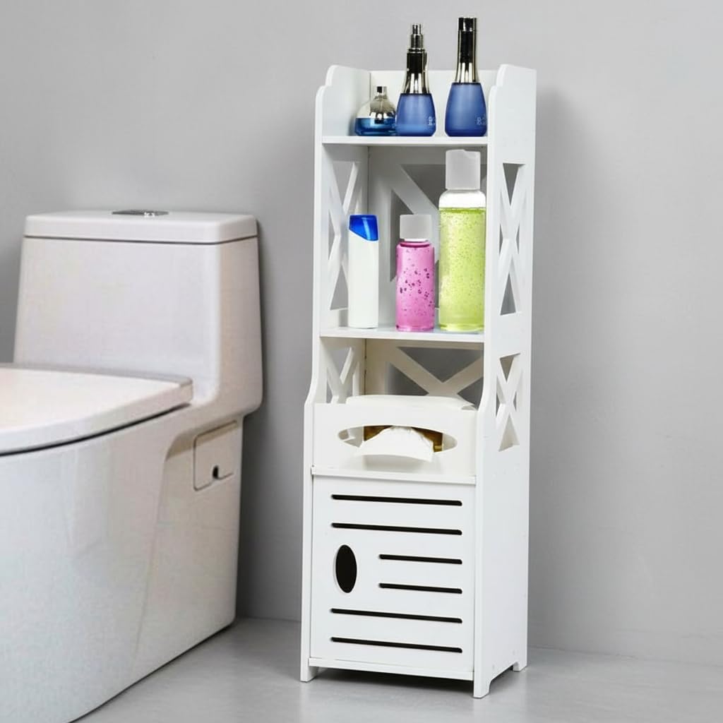 SS ARTS Free Standing Bathroom Cabinet with Door/Toilet Paper Holder Organizer/Bathroom Rack - White (Polyvinyl Chloride)