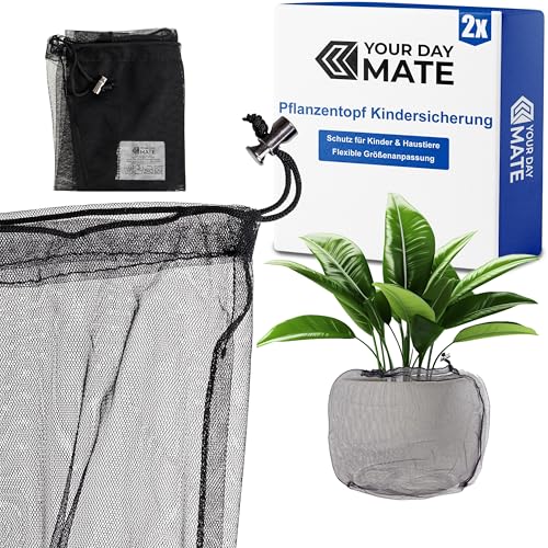 Kindersicherung für Zimmerpflanzen, 2 Stück, für bis Ø 50 cm Blumentöpfe, in Schwarz, aus Nylon, Pflanzenschutz Netz Babysicherung gegen Erde, Dünger, Topf Abdeckung hindert nicht beim Pflanzen gießen