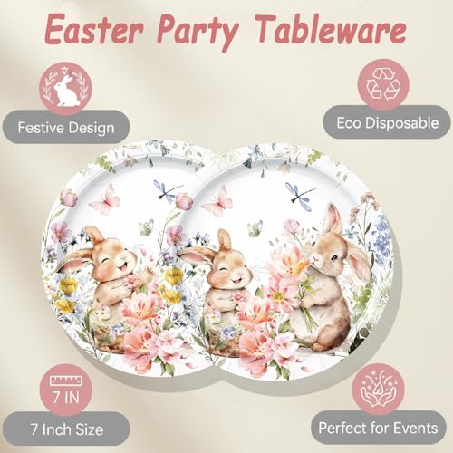 Image of 50 Pcs Easter Paper Plates Party Supplies Bunny Wildflower Paper Plates 7in