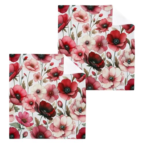 YANENDIE Red Pink Flowers Washcloths Towels, Highly Absorbent and Soft Cotton Face Cloths, 2 Pack Quick Dry Wash Cloths - 12 X 12 Inches