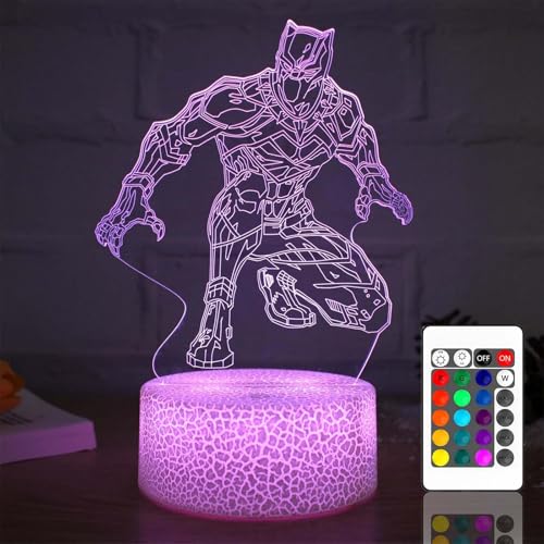 TSKVT Superhero Toy Kids Night Light, Black Panther Superhero Night Light Toy for 4 5 6 7 8 Year olds, Kids 3D Lights 16 Colors Dimmable, Charging with Remote Control and Touch Looks Great